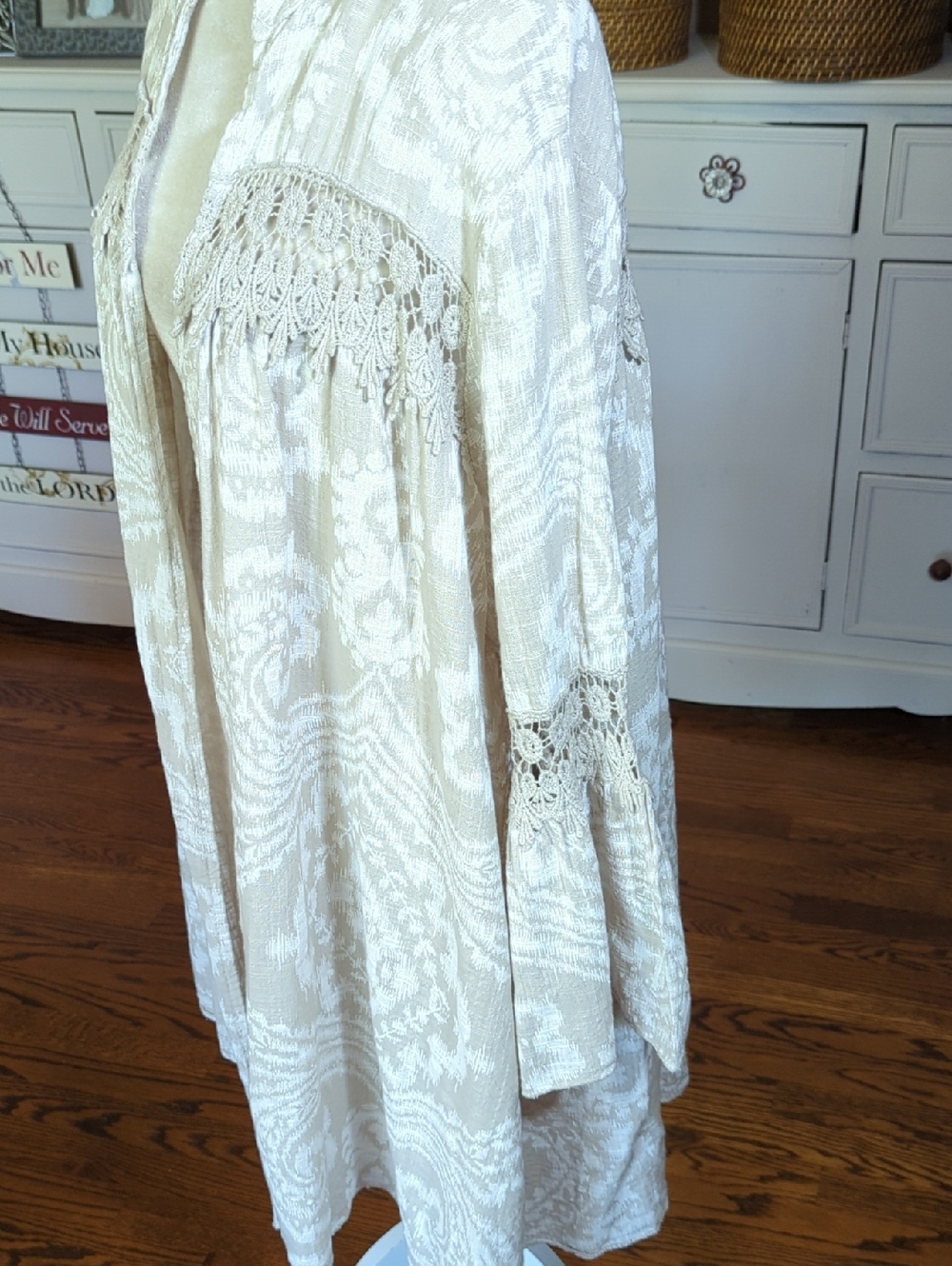 Cotton Bell Sleeves Crochet Inlays Cream Lightweight Flowy Open Duster Boho XL - Picture 6 of 11